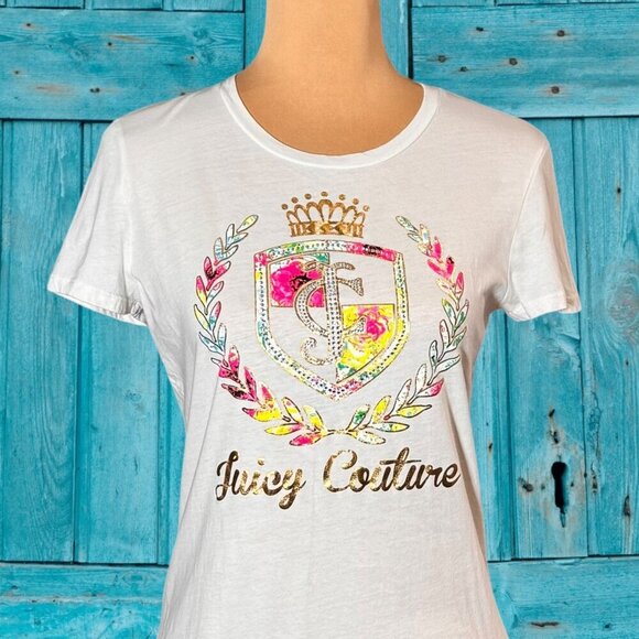 Juicy Couture VTG Y2K Graphic Tee Sz. L White Rhinestones Short Sleeve Preppy - Picture 2 of 12